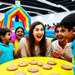 ** A vibrant and joyful scene at the Tayo fan meeting in Lahore Expo Center, Pakistan. Children are laughing and playing games with Tayo, with a bouncy castle and Tayo-shaped cookies in the background. Capture the excitement and happiness of the event.

**