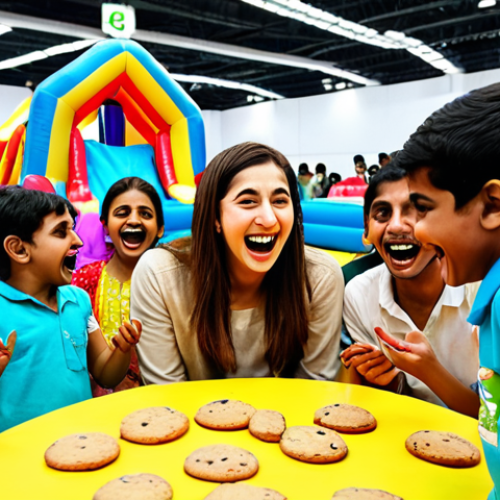 Home 4 ** A vibrant and joyful scene at the Tayo fan meeting in Lahore Expo Center, Pakistan. Children are laughing and playing games with Tayo, with a bouncy castle and Tayo-shaped cookies in the background. Capture the excitement and happiness of the event.
**