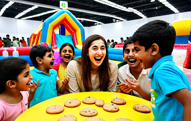 ** A vibrant and joyful scene at the Tayo fan meeting in Lahore Expo Center, Pakistan. Children are laughing and playing games with Tayo, with a bouncy castle and Tayo-shaped cookies in the background. Capture the excitement and happiness of the event.
**