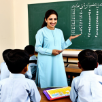 **

"A female teacher in Pakistan, fully clothed in a modest shalwar kameez, teaching a class of young children. The classroom is bright and colorful, decorated with Urdu alphabet charts. The teacher is smiling warmly. Safe for work, appropriate content, professional setting, perfect anatomy, natural proportions, well-formed hands, proper finger count, family-friendly, high resolution."

**