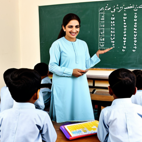 Home 25 **
"A female teacher in Pakistan, fully clothed in a modest shalwar kameez, teaching a class of young children. The classroom is bright and colorful, decorated with Urdu alphabet charts. The teacher is smiling warmly. Safe for work, appropriate content, professional setting, perfect anatomy, natural proportions, well-formed hands, proper finger count, family-friendly, high resolution."
**