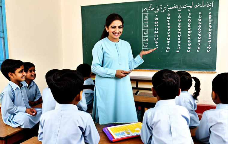 **

"A female teacher in Pakistan, fully clothed in a modest shalwar kameez, teaching a class of young children. The classroom is bright and colorful, decorated with Urdu alphabet charts. The teacher is smiling warmly. Safe for work, appropriate content, professional setting, perfect anatomy, natural proportions, well-formed hands, proper finger count, family-friendly, high resolution."

**