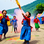 **

A group of fully clothed children joyfully playing with vibrant colors at a "Tayo Festival" celebration. They are laughing and throwing colorful powder in the air. The background includes colorful tents and decorations, creating a festive atmosphere. Appropriate attire, safe for work, perfect anatomy, natural proportions, family-friendly.

**