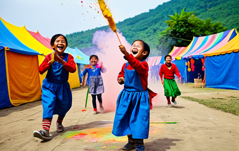 **

A group of fully clothed children joyfully playing with vibrant colors at a "Tayo Festival" celebration. They are laughing and throwing colorful powder in the air. The background includes colorful tents and decorations, creating a festive atmosphere. Appropriate attire, safe for work, perfect anatomy, natural proportions, family-friendly.

**