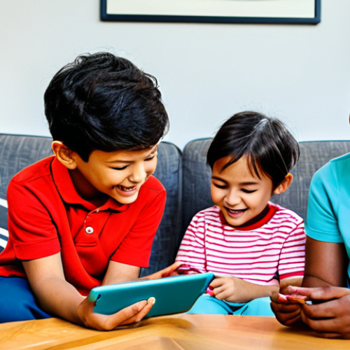 Home 9 **
"A group of happy, diverse children, fully clothed in modest and colorful clothing, playing with a Tayo the Little Bus AR app on a tablet in a bright, cheerful living room. Toys are scattered around. Safe for work, appropriate content, family-friendly, professional illustration, perfect anatomy, natural proportions, well-formed hands, proper finger count."
**