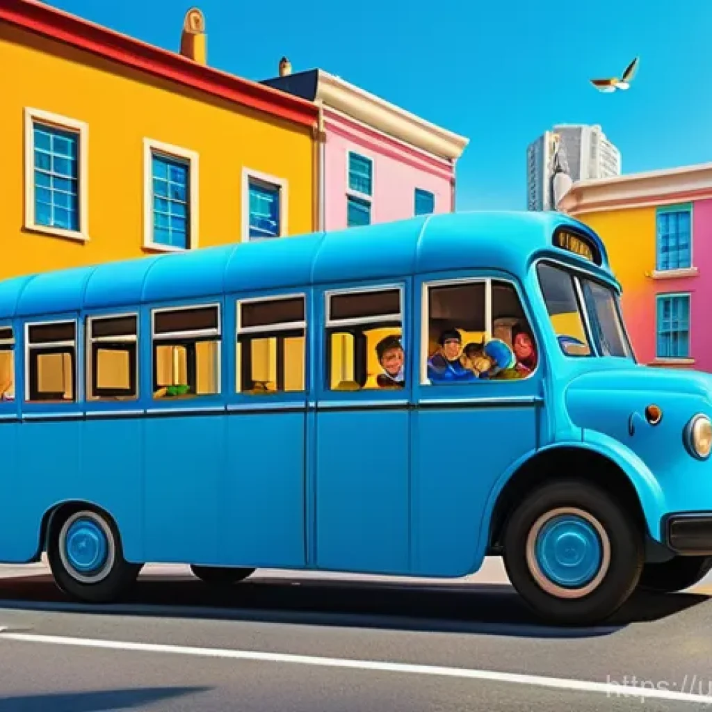타요 캐릭터 소개 - **Prompt:** A vibrant, cheerful scene depicting Tayo, the blue little bus, happily navigating a bust...
