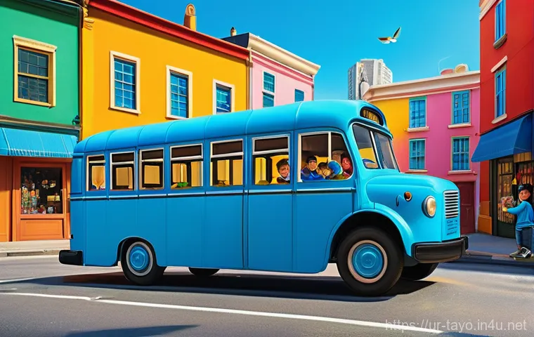타요 캐릭터 소개 - **Prompt:** A vibrant, cheerful scene depicting Tayo, the blue little bus, happily navigating a bust...