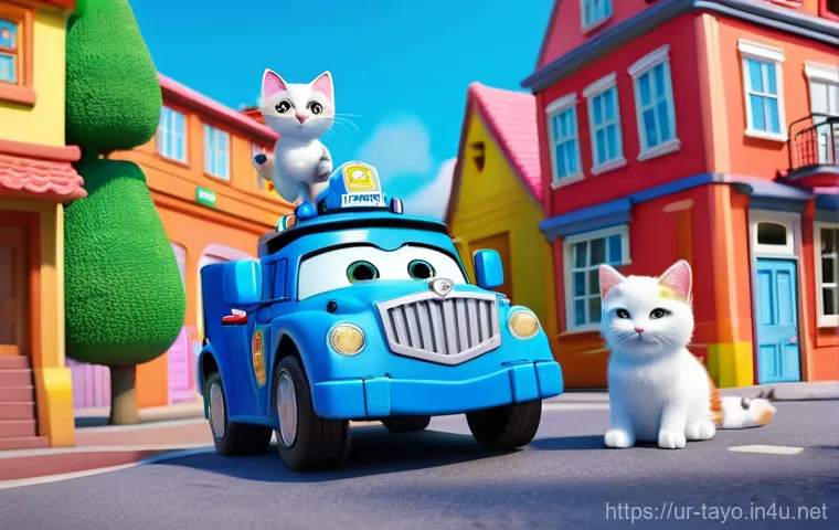 타요 비슷한 애니메이션 - **Prompt:** A vibrant, cheerful 3D animated scene of the "Robocar Poli" rescue team in action. Poli,...
