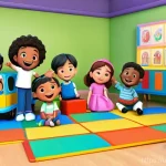 타요의 시장 점유율 - **Prompt:** A vibrant and cheerful scene depicting a group of diverse children, aged 4-7, eagerly ga...