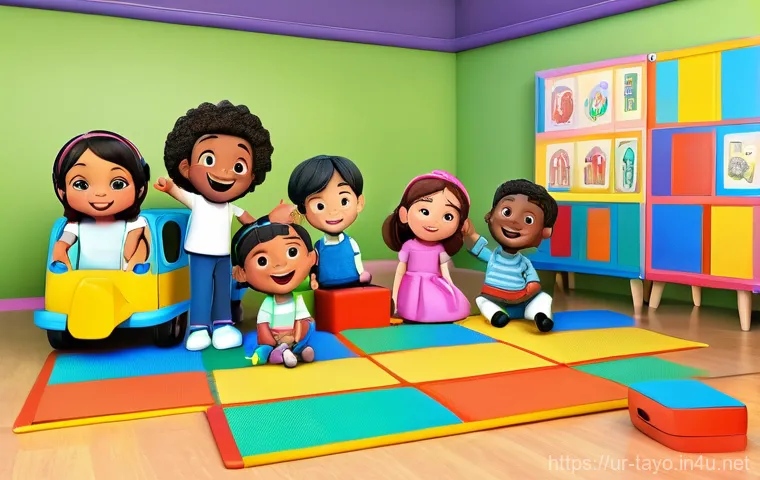 타요의 시장 점유율 - **Prompt:** A vibrant and cheerful scene depicting a group of diverse children, aged 4-7, eagerly ga...